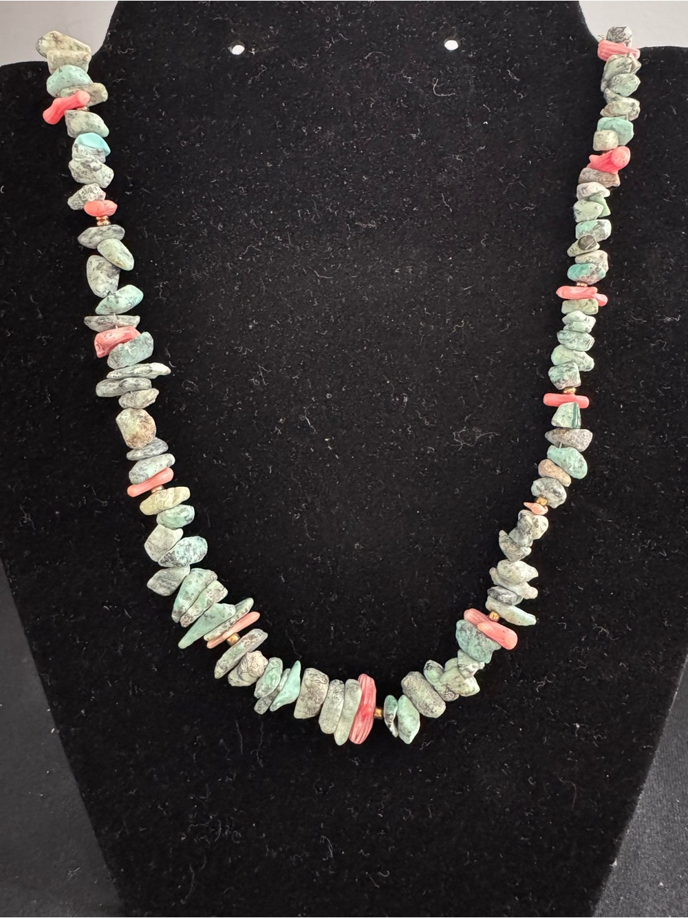 Turquoise & Coral Chip Necklace - 22”- Copper Accents